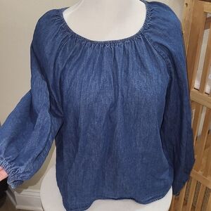 LOFT Denim Blouse Size L | Gathered Neckline | Long Sleeve | 100% Cotton